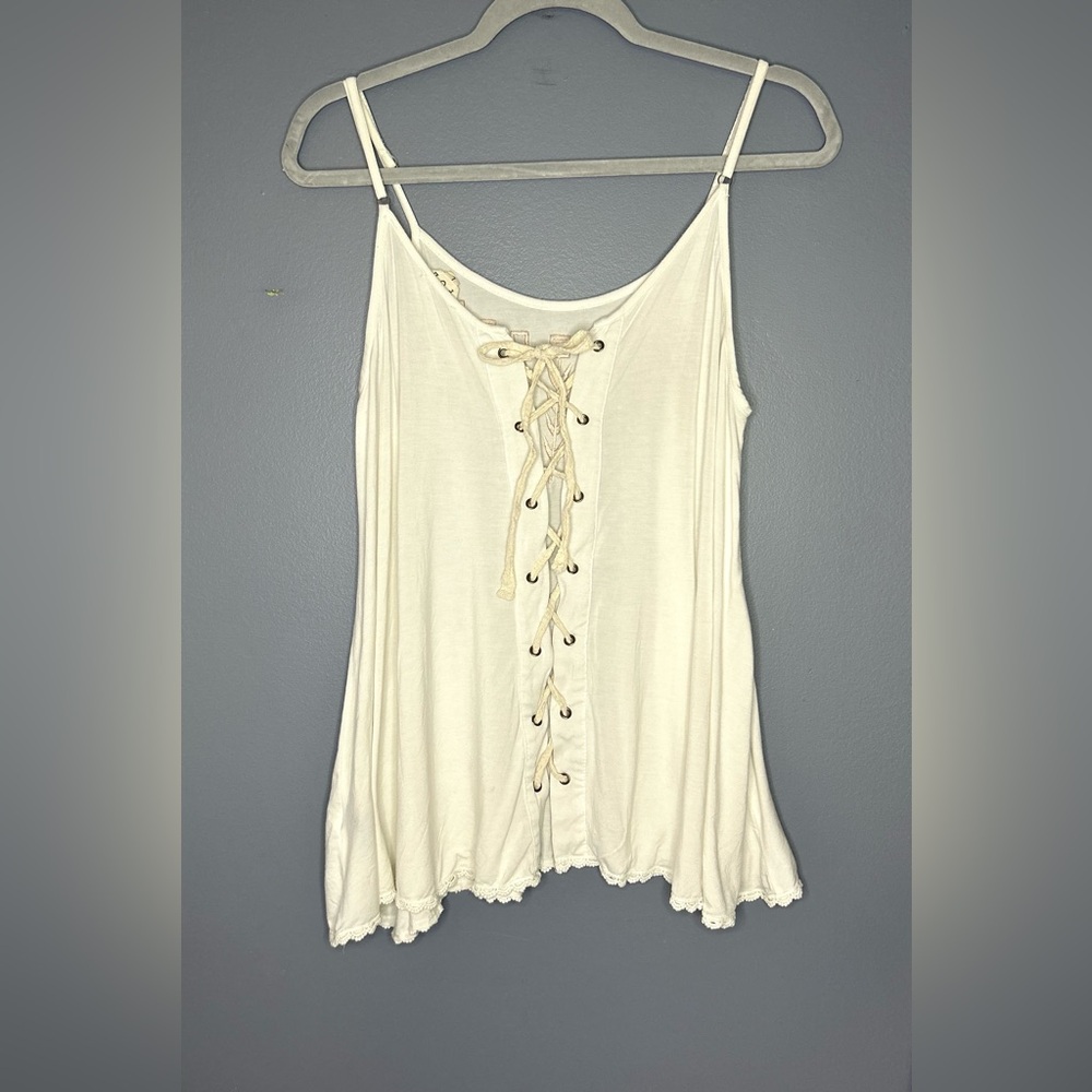 POL Tank Top Womens Large Ivory Embroidered Lace Up Open Back Babydoll Feminine - Picture 3 of 11
